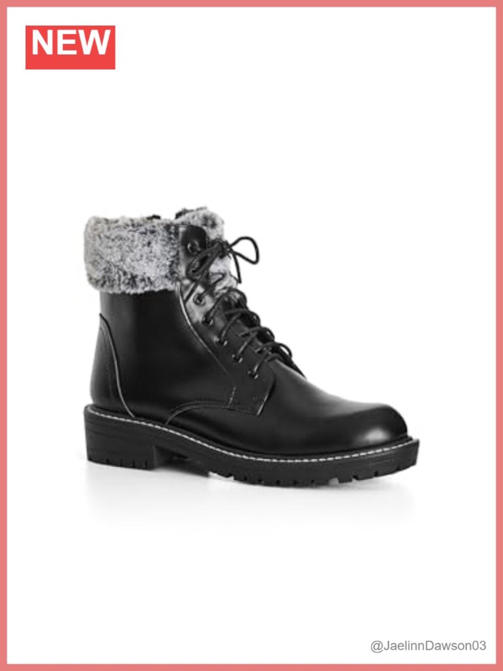 Plus Size Faux Leather Ankle Boots with Faux Fur Trim Block Heel Side Zip